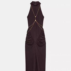 ZARA WOMAN LONG CHAIN HALTER DRESS DARK BROWN Small 5039/232/716